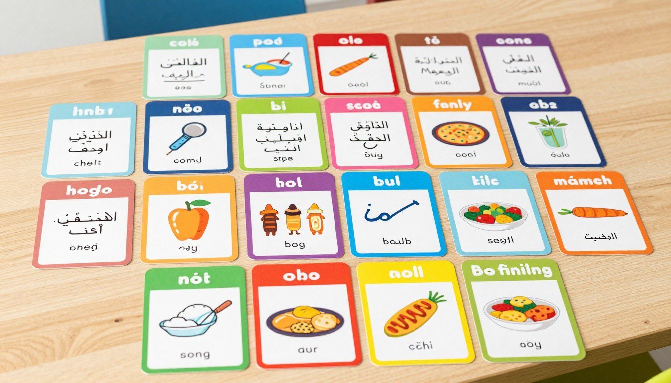 Basic English vocabulary words displayed on colorful cards