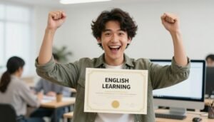 Confident English learner celebrating success