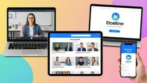 Different types of online English course formats displayed on devices