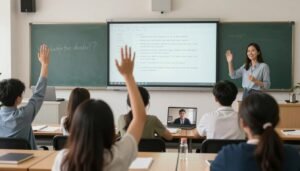 Engaged students participating in live online English class