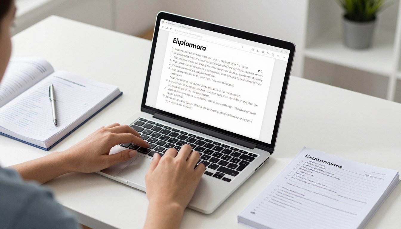 English writing practice with laptop and notes