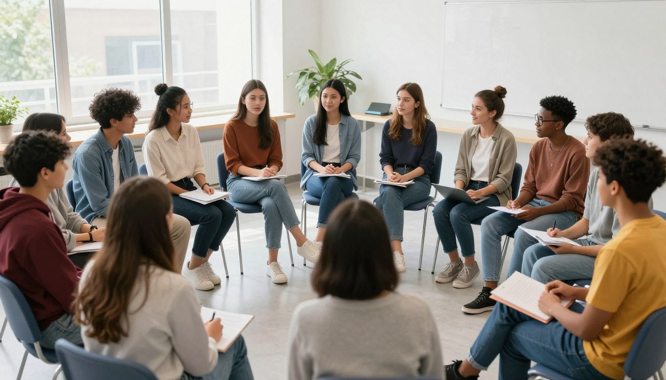 Group of international students in English conversation circle