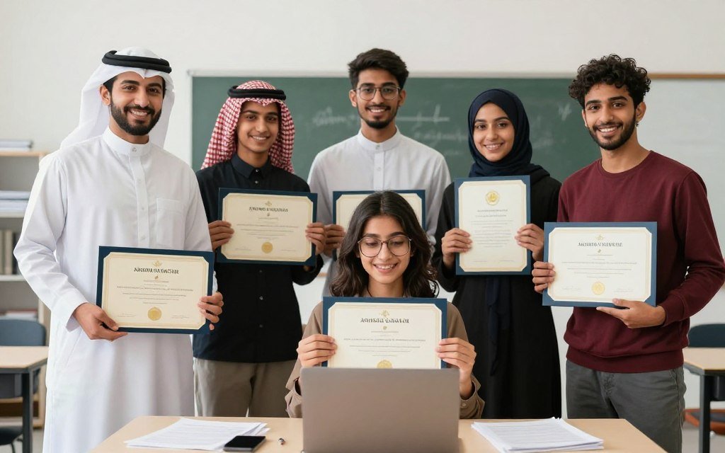 Happy students learning English successfully