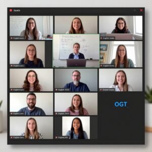 Live online English class in progress with teacher and students