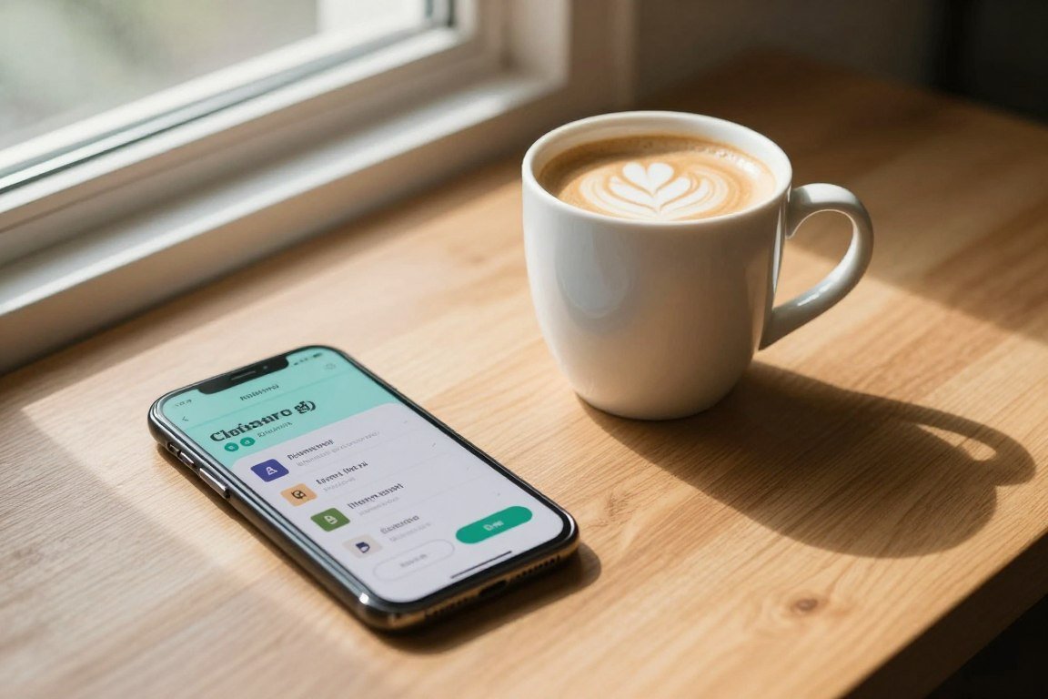 Morning coffee with phone showing English learning app