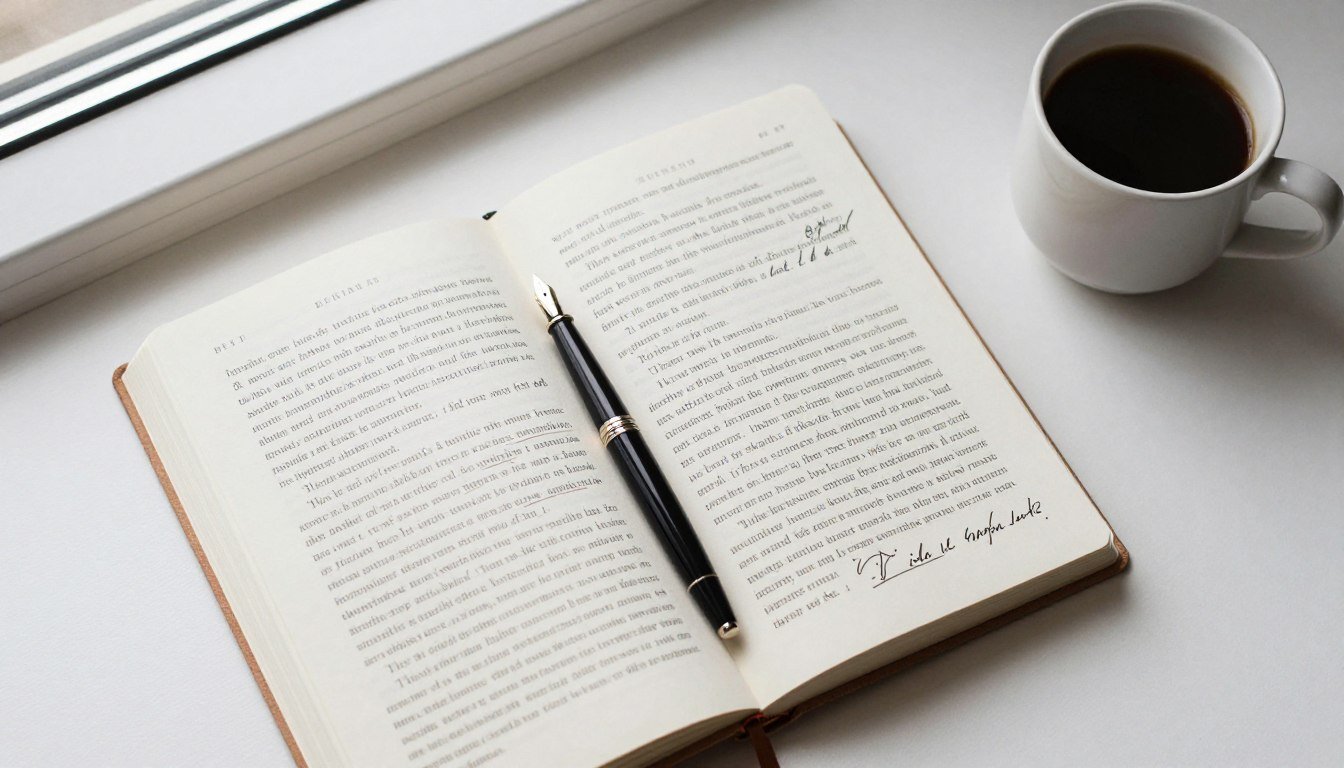 Open book with notebook for English writing practice