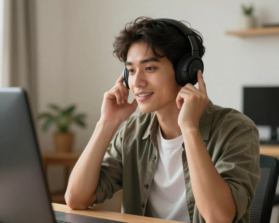 Person wearing headphones listening to English podcast