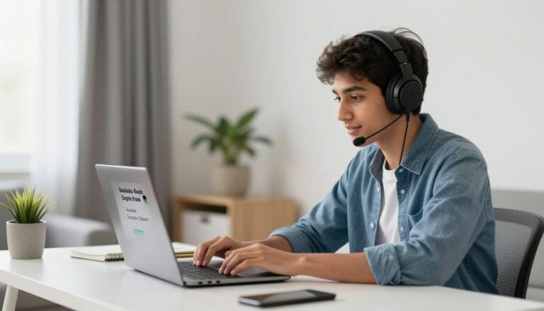 Student learning English online through laptop with headphones