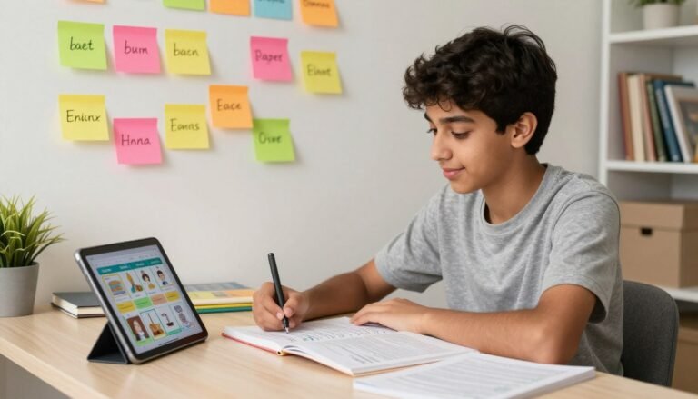 Student learning English vocabulary with books and digital devices