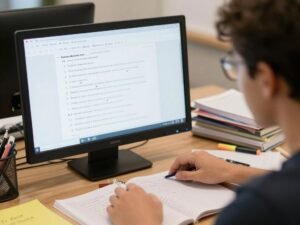 Student preparing for English proficiency exam online