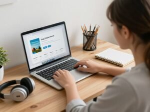 Student setting up online English learning workspace