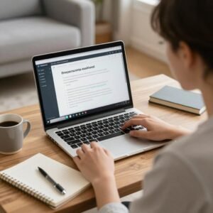 Student studying self-paced online English course on laptop