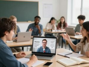 Students practicing English conversation in online group
