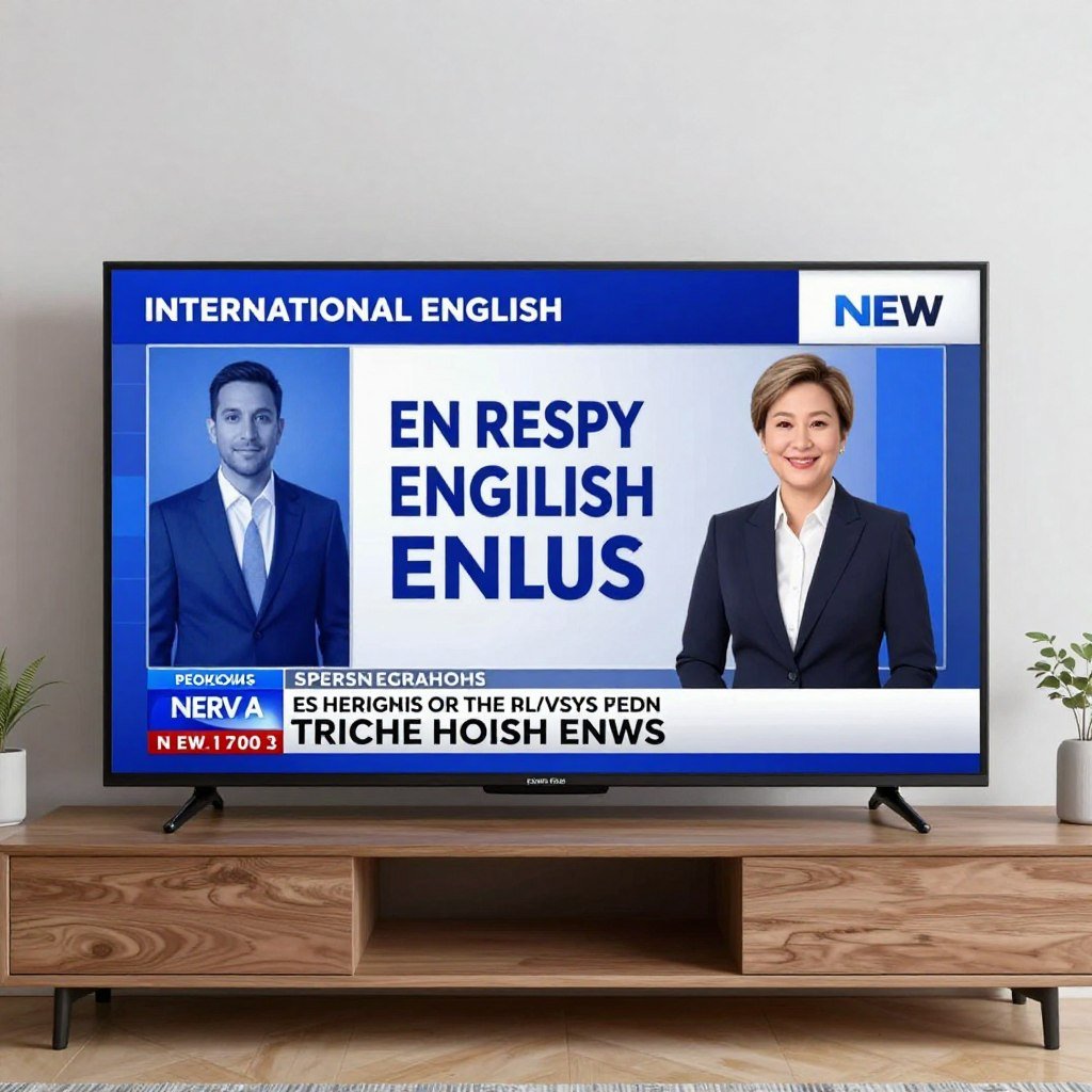 Television showing English news broadcast