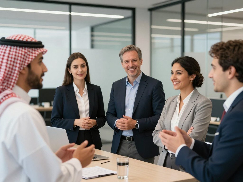 business professionals communicating in English in a modern office