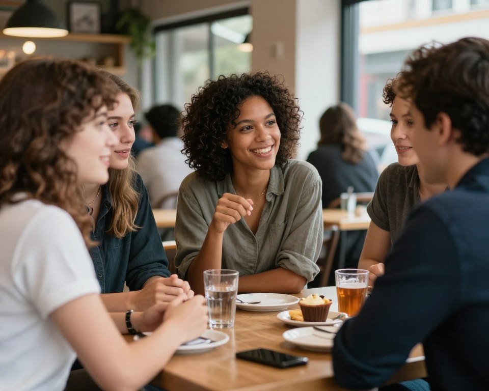 diverse group of people having a friendly conversation in English
