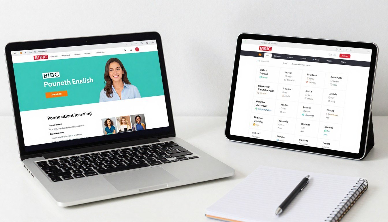 laptop and tablet showing various free English pronunciation websites