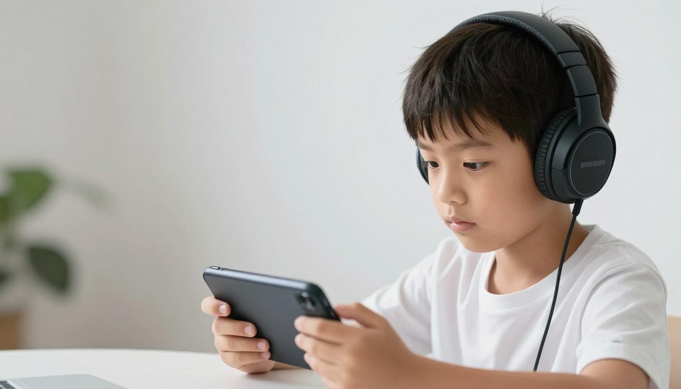 person listening to English audio with headphones