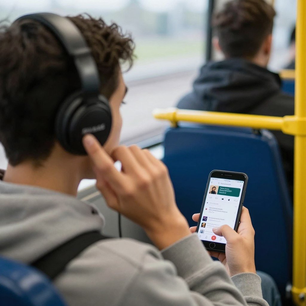 person listening to English podcast on headphones