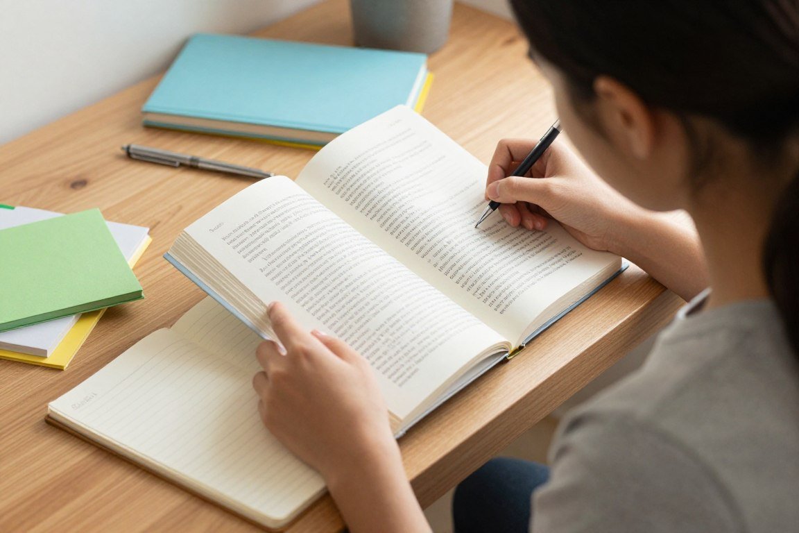 person reading English book and taking notes