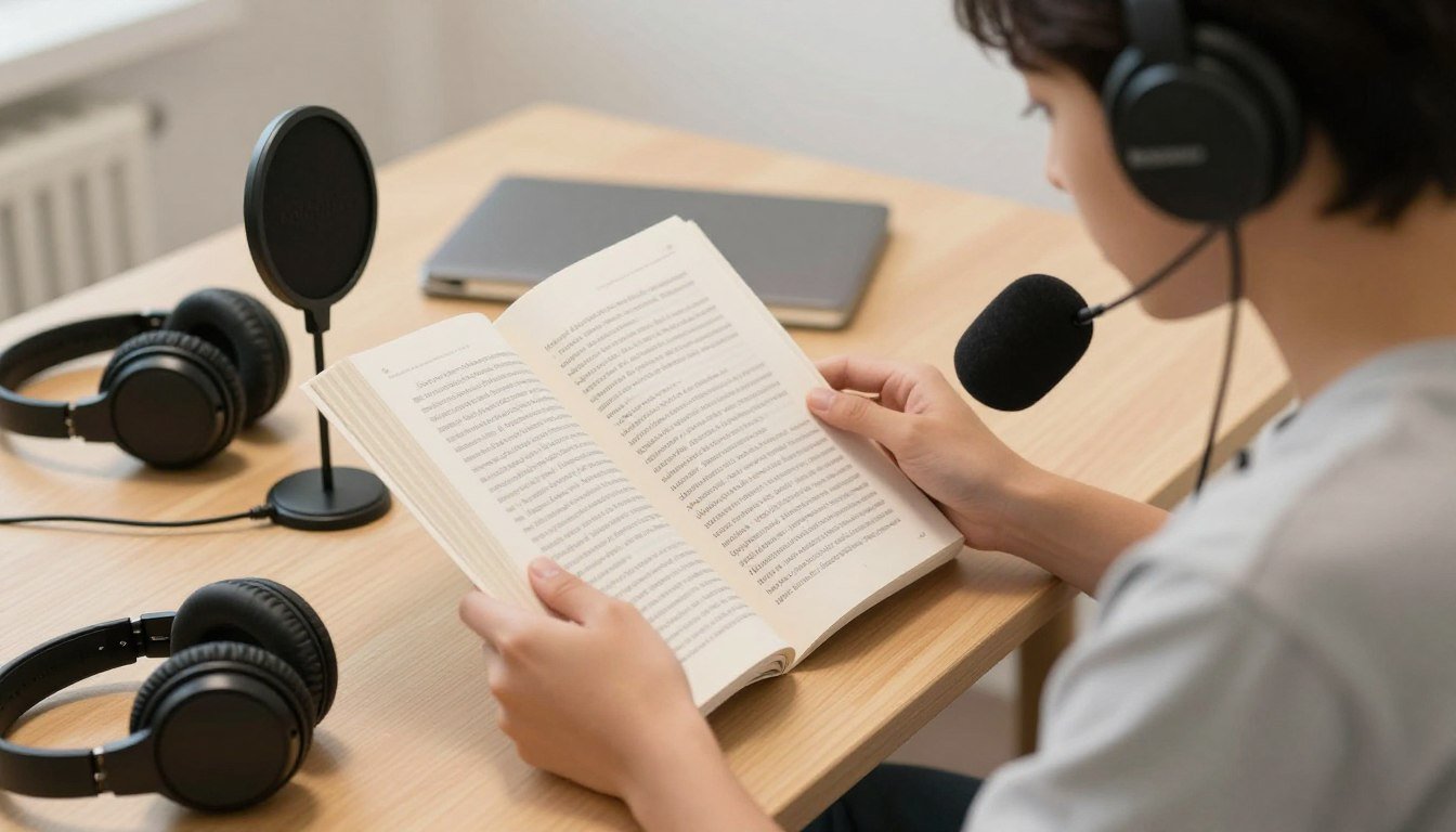 person reading aloud from a book while recording