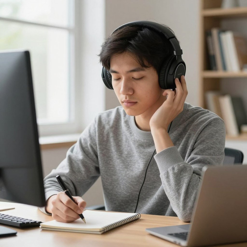 person wearing headphones actively listening to English audio