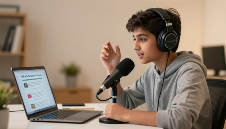 student practicing English pronunciation with headphones and microphone