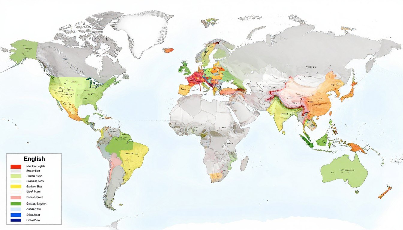 world map showing distribution of American and British English