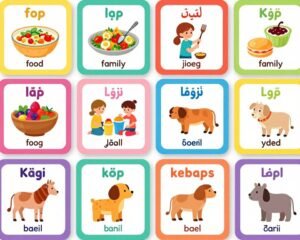 بطاقات تعليمية ملونة بكلمات إنجليزية أساسية مع صور توضيحية