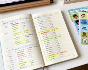 دفتر مفردات مع كلمات إنجليزية مكتوبة ومنظمة حسب الموضوع