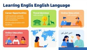 رسم توضيحي يظهر فوائد تعلم اللغة الإنجليزية في العمل والسفر والتعليم