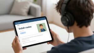 شخص يتعلم اللغة الإنجليزية عبر تطبيق على الهاتف المحمول