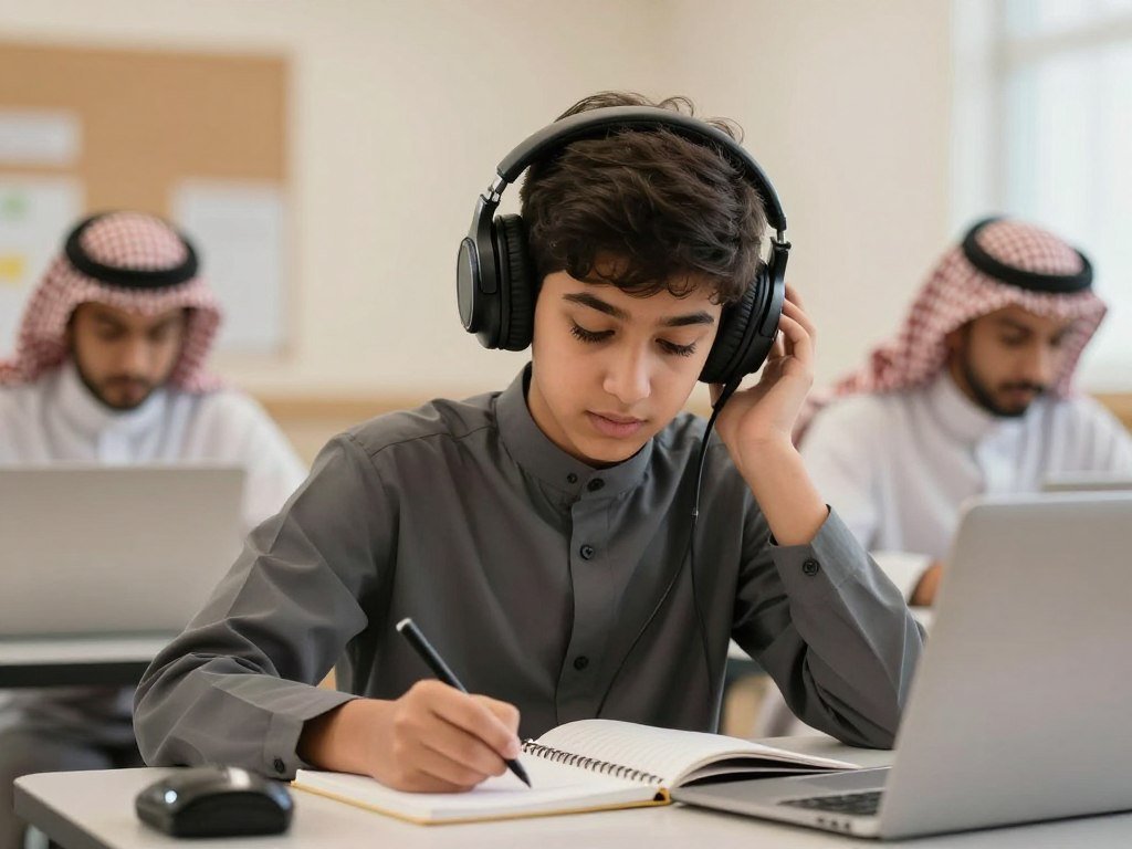 شخص يستمع بانتباه لمحادثة إنجليزية عبر سماعات الأذن شخص يستمع بانتباه لمحادثة إنجليزية عبر سماعات الأذن