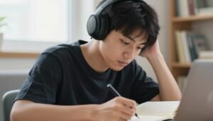 شخص يستمع لمحتوى إنجليزي عبر سماعات الأذن بتركيز