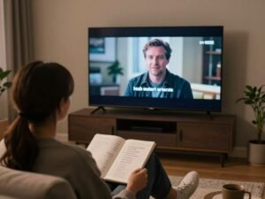 شخص يشاهد فيلماً باللغة الإنجليزية مع ترجمة على شاشة كبيرة