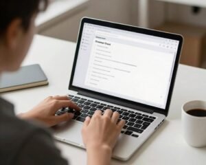 شخص يكتب باللغة الإنجليزية على كمبيوتر محمول