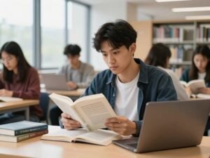 طالب جامعي يقرأ كتباً باللغة الإنجليزية في مكتبة حديثة