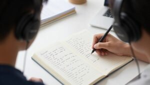 طالب يدون ملاحظات أثناء الاستماع لمحتوى إنجليزي