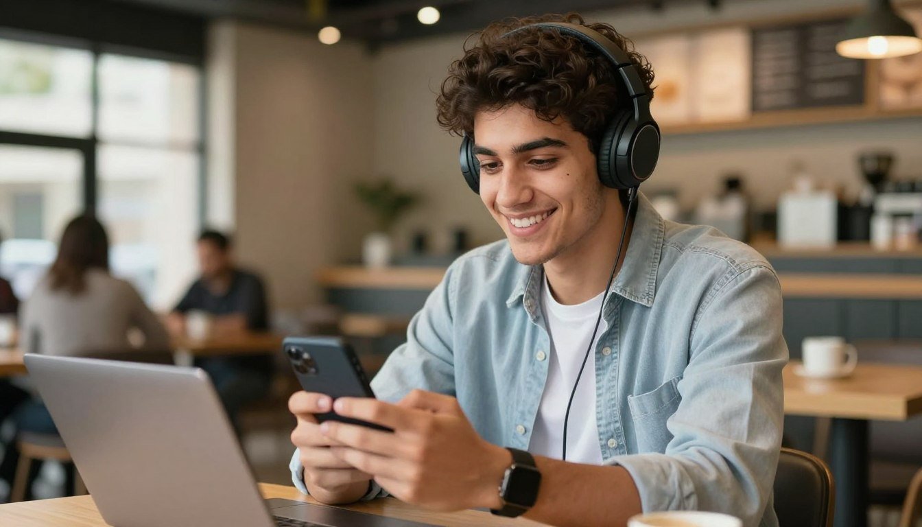 طالب يستخدم تطبيق تعلم المحادثة الإنجليزية على الهاتف طالب يستخدم تطبيق تعلم المحادثة الإنجليزية على الهاتف